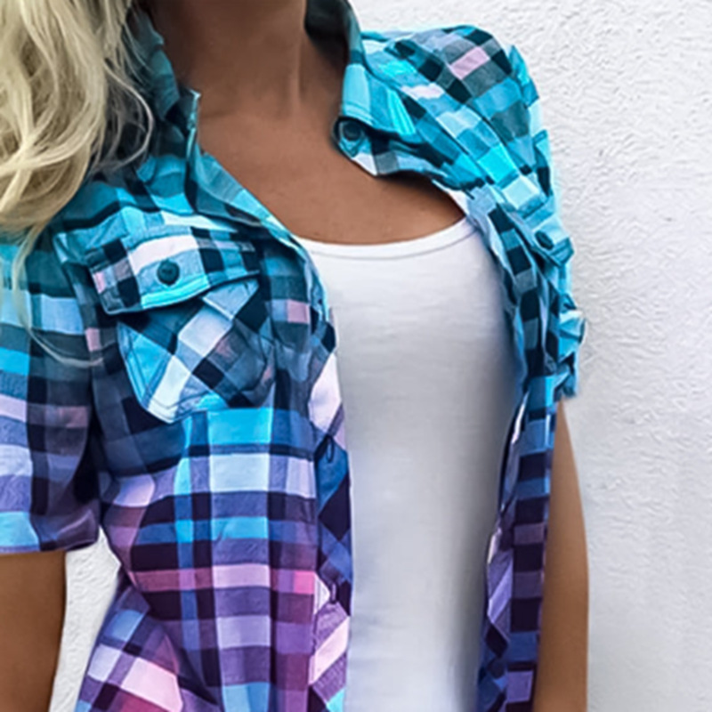 Women's Plaid Gradient Short Sleeve Collared Straight Shirt Cardigan