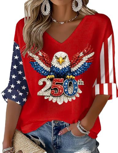 Women's V-Neck Long Sleeve Eagle Print T-Shirt
