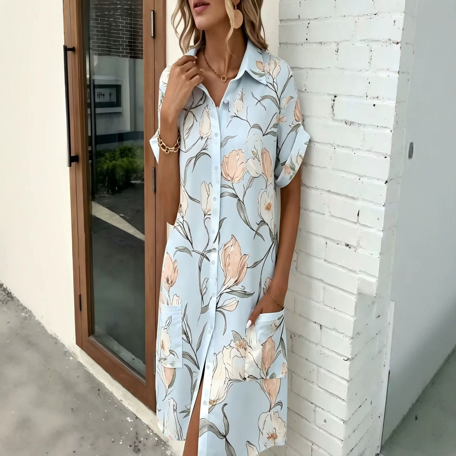 Women's Floral Print Midi Shirt Dress with 3D Digital Print