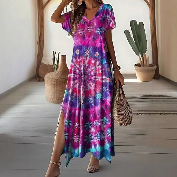 Floral Print Slim Fit Short Sleeve A-Line Midi Dress