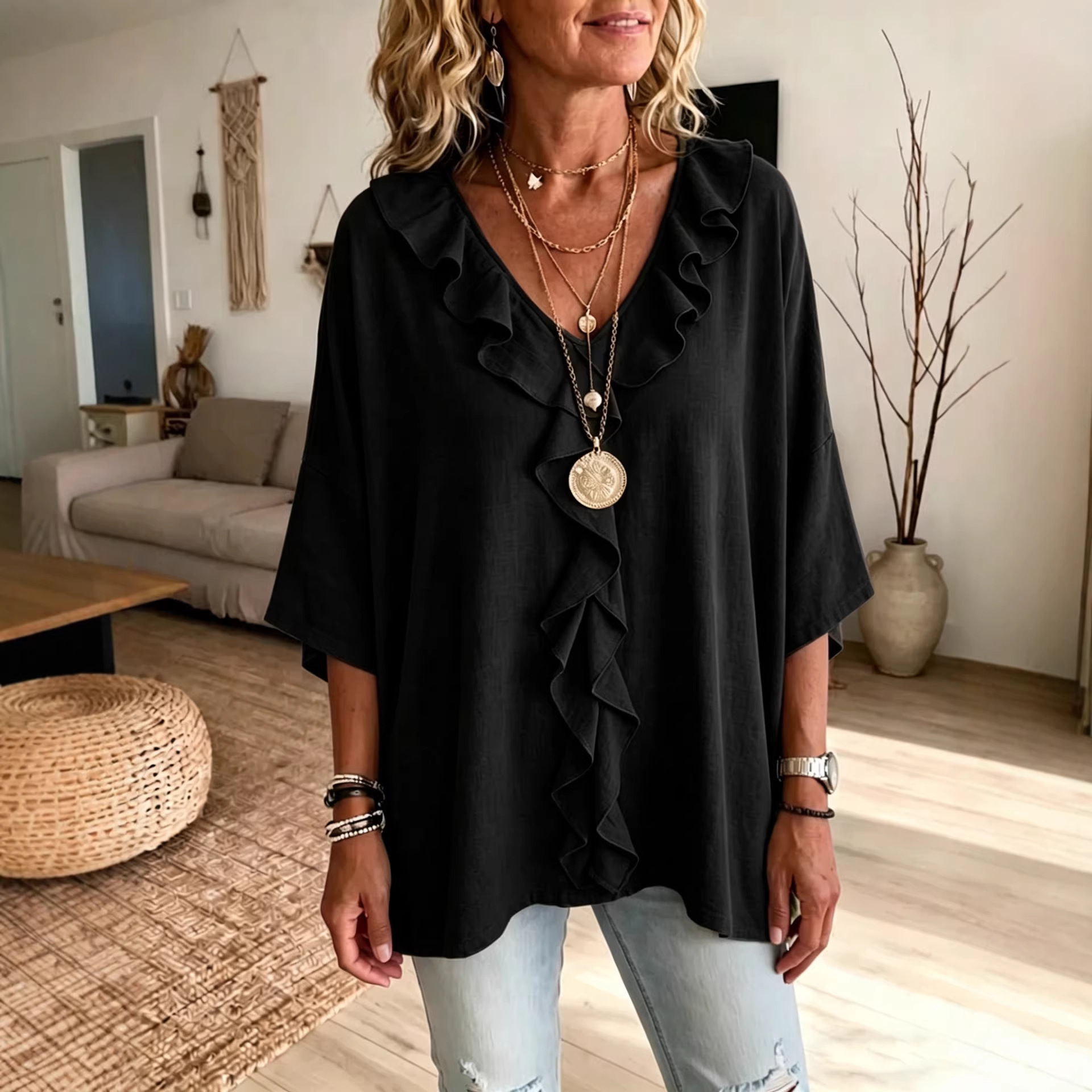 Ruffle V-Neck 3/4 Sleeve Casual Top