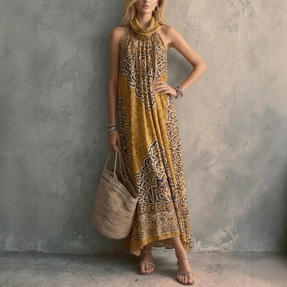 Bohemian Geometric Print Halter Neck Sleeveless A-Line Midi Dress