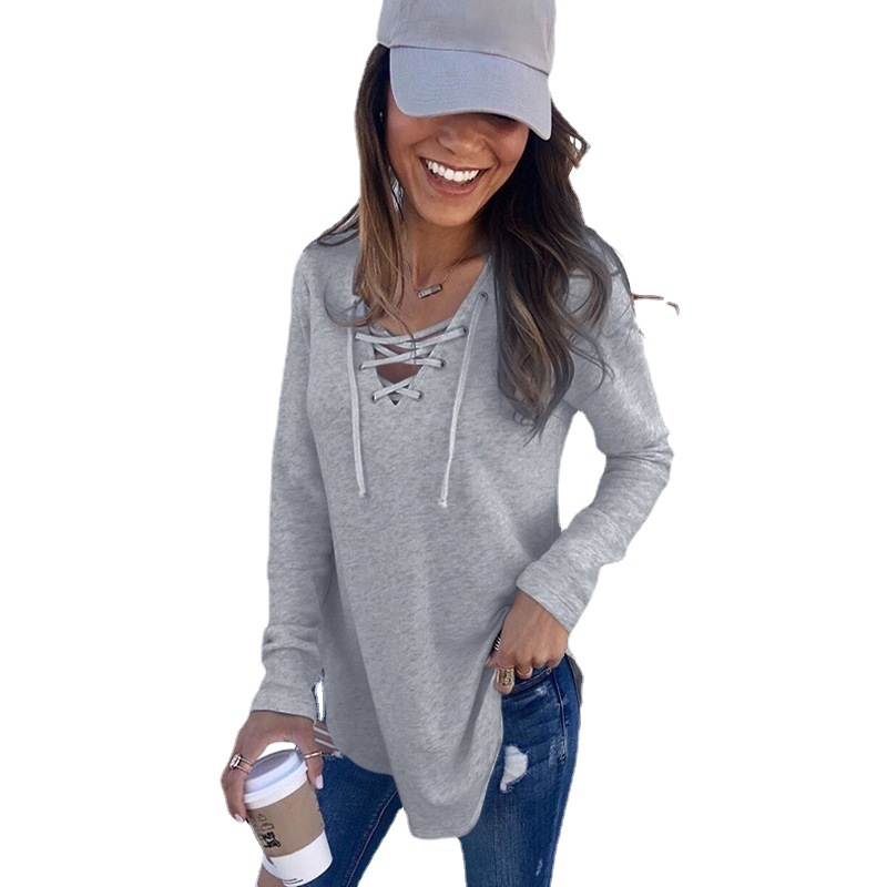 Women's Solid V-Neck Tie-Front Long-Sleeve Top