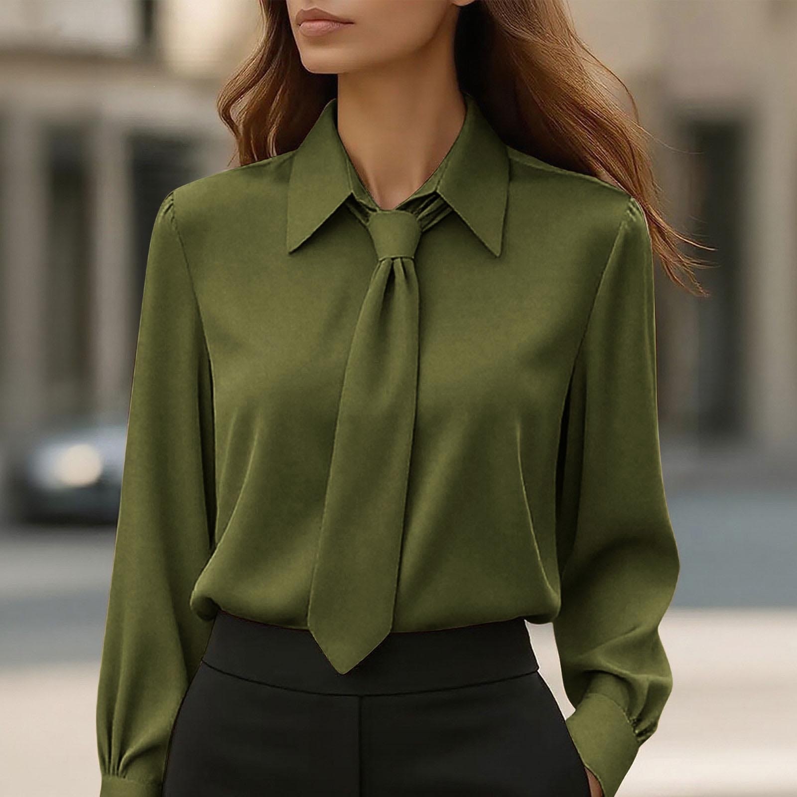 Women's Solid Color Tie-Neck Long Sleeve French Shirt