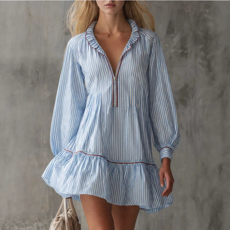 Retro Red & Blue Striped Ruffled Puff Sleeve Mini Dress