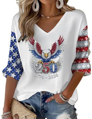 Women's V-Neck Long Sleeve Eagle Print T-Shirt