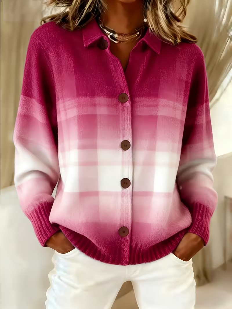Women's Striped Plaid Color-Block Print Long-Sleeve Casual Shirt