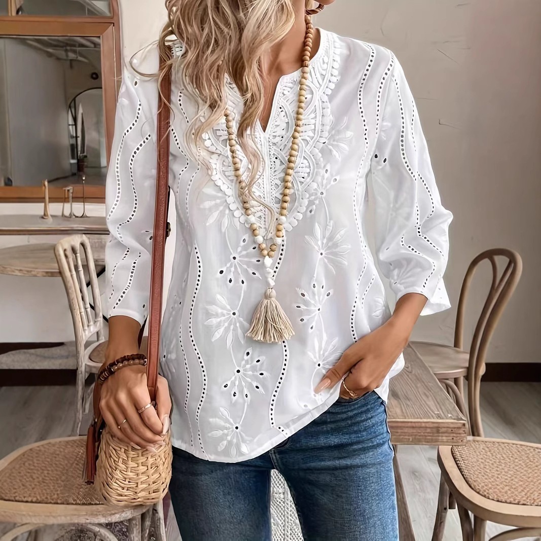 Women's Loose V-Neck Lace Embroidered Blouse