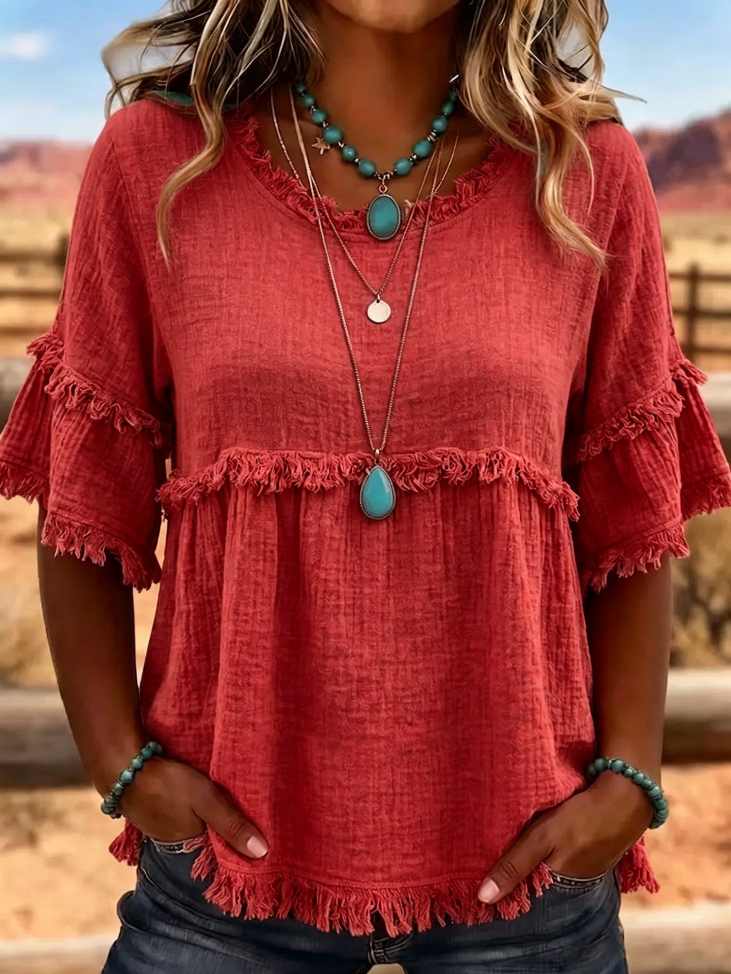 Textured Fringe Tassel Crewneck Short Sleeve Blouse