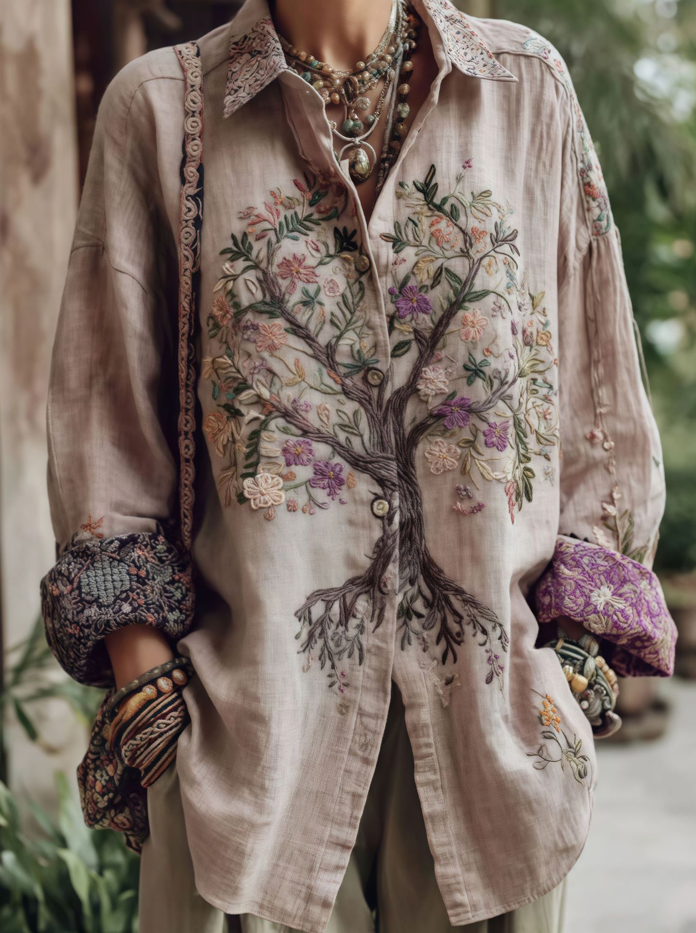 3D Floral Print Collared Long-Sleeve Women's Shirt