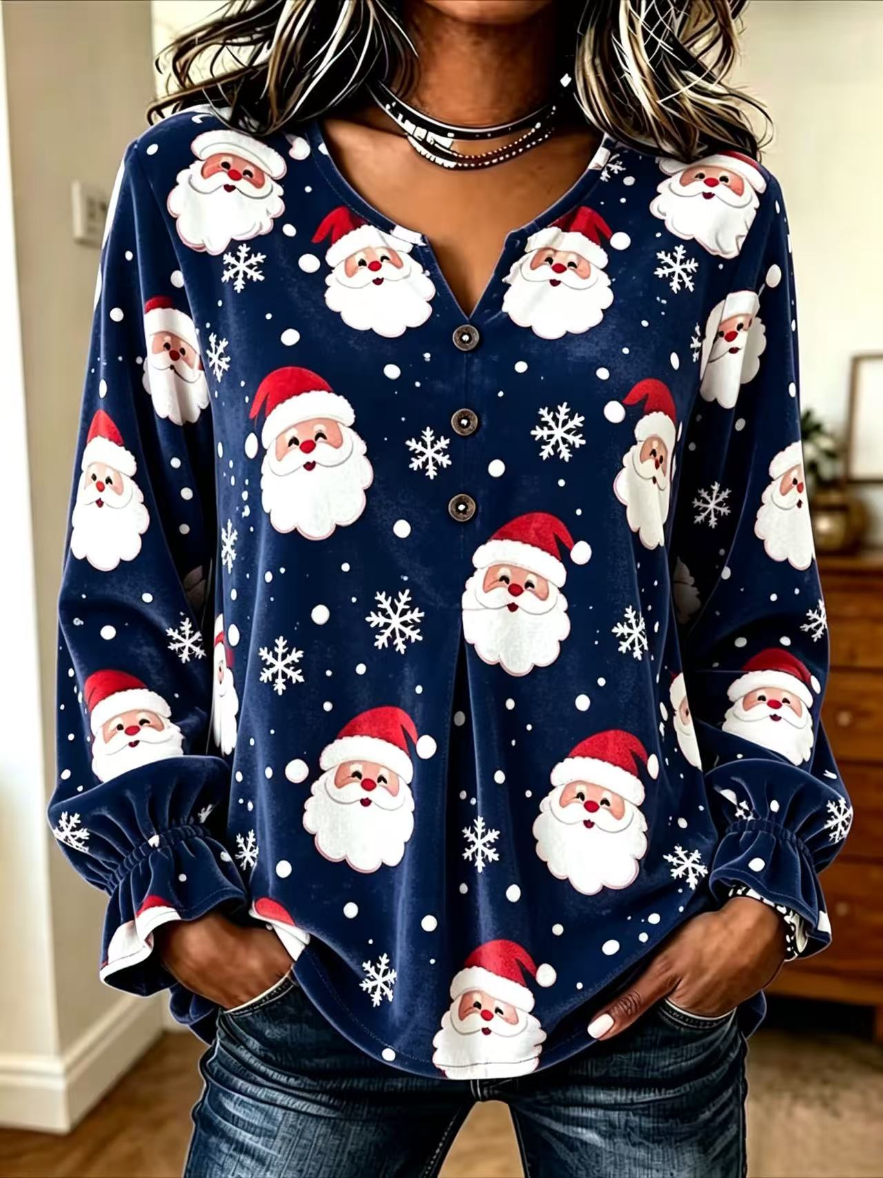 Women's Christmas Santa Snowflake Print Long Sleeve Shirt