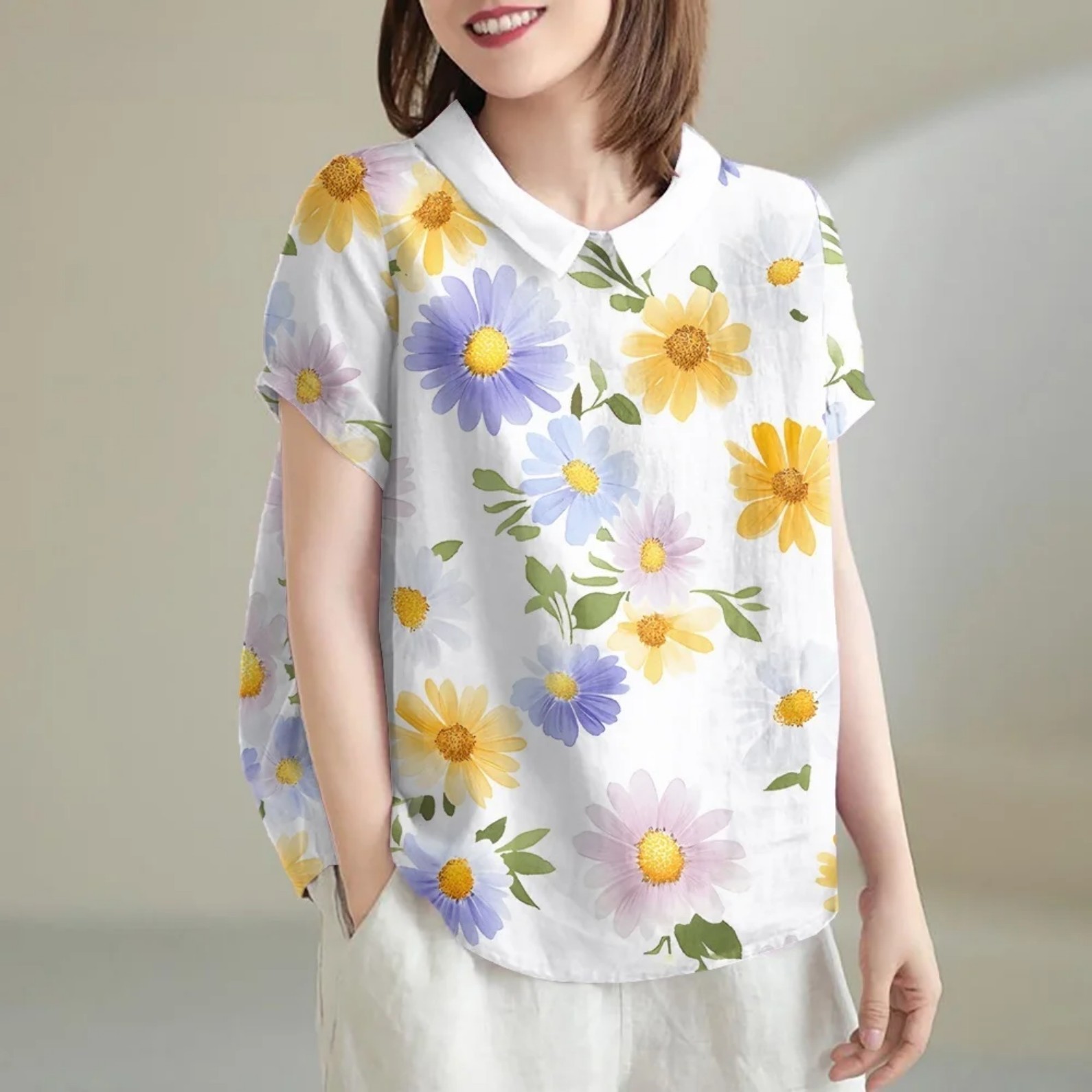 Women's Fresh Floral Print Short Sleeve Casual Shirt