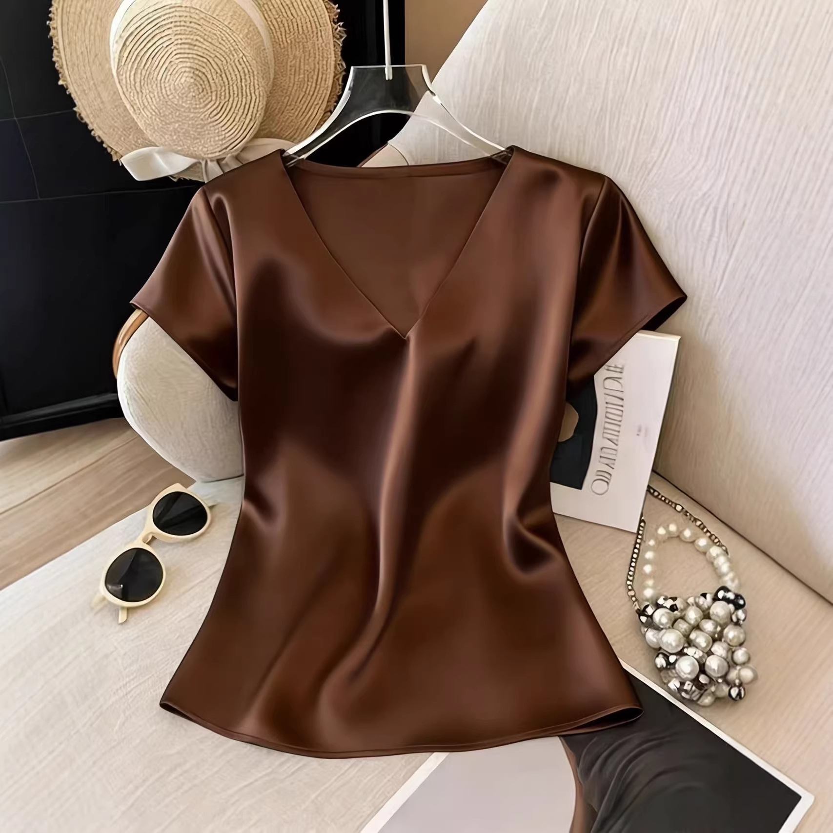 Women's Satin Short Sleeve Blouse V-Neck Solid Casual Top