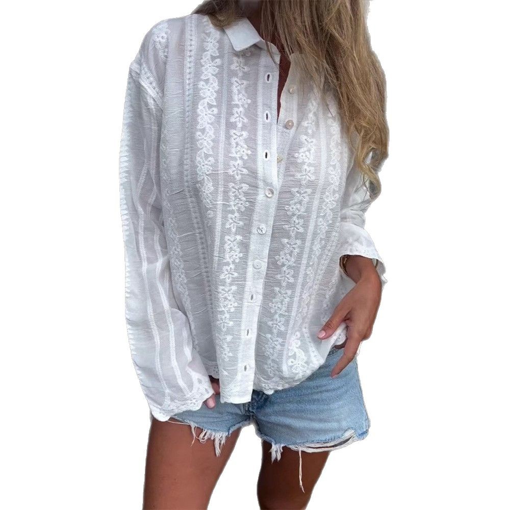 Solid Embroidered Cutout Polo Cardigan Top
