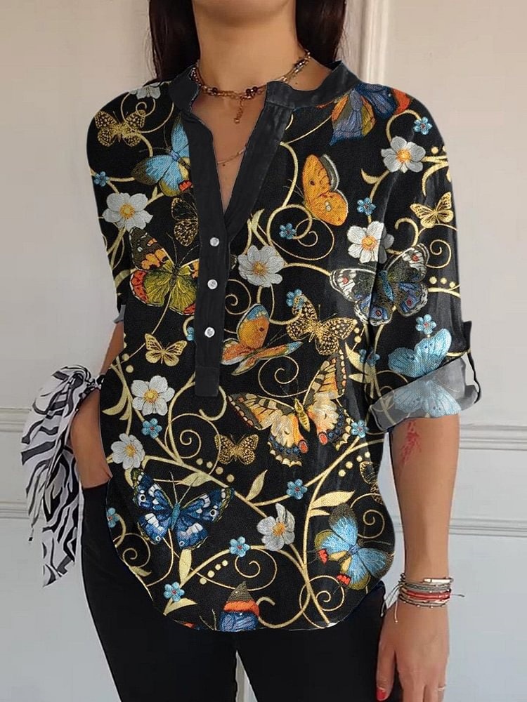 Women's Loose Casual Retro Button-Up Shirt with Graphic Print