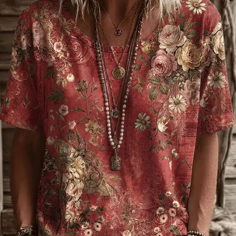 Retro Floral Print Short Sleeve T-Shirt