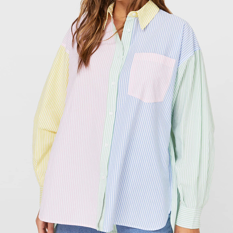 Pinstriped Color-Block Oversized Boyfriend Shirt Long Sleeve High-Low Hem