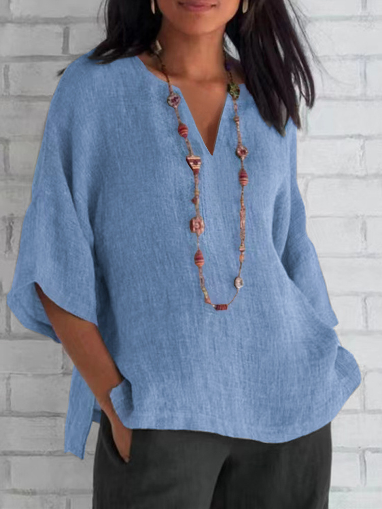 Women's V-Neck 3/4 Sleeve Cotton Linen Solid Loose Casual Shirt