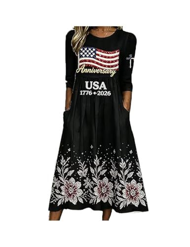Women's American Flag Print Ruched Floral Dress with Pockets
