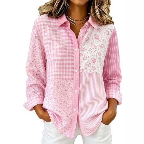 Women's Floral Plaid Print Long Sleeve Button-Front Shirt