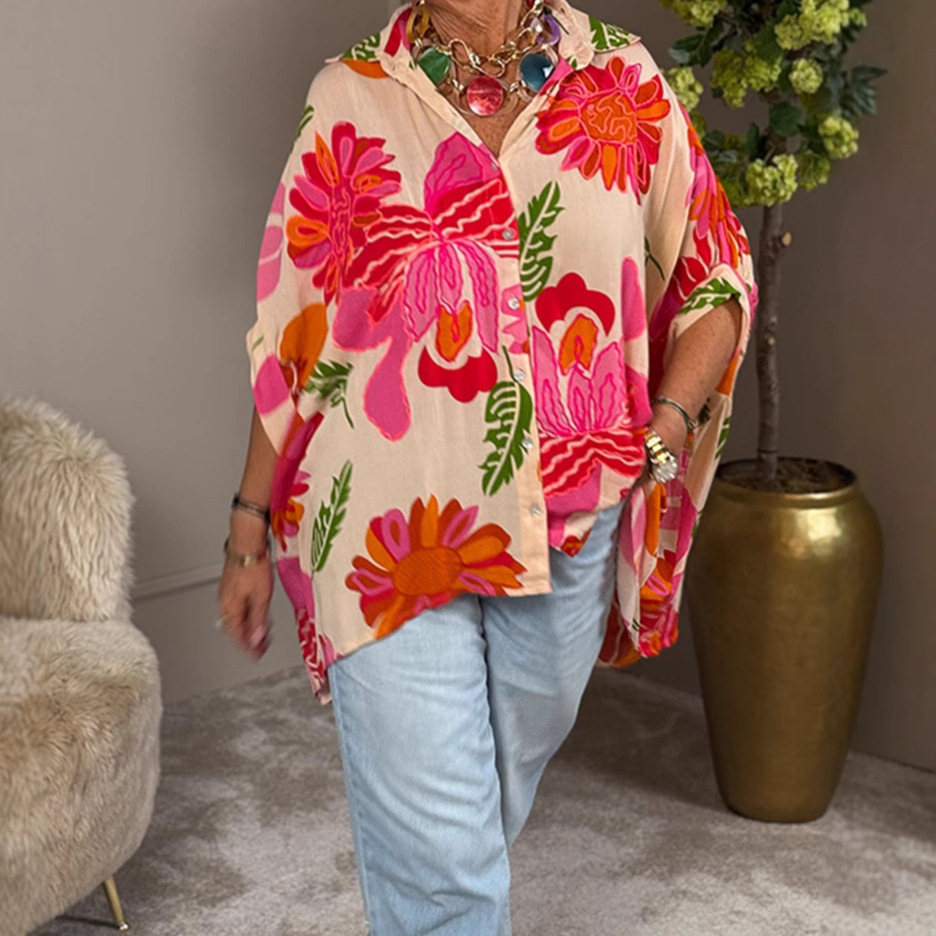 Floral Print Lapel Collar Irregular Hem Women's Shirt