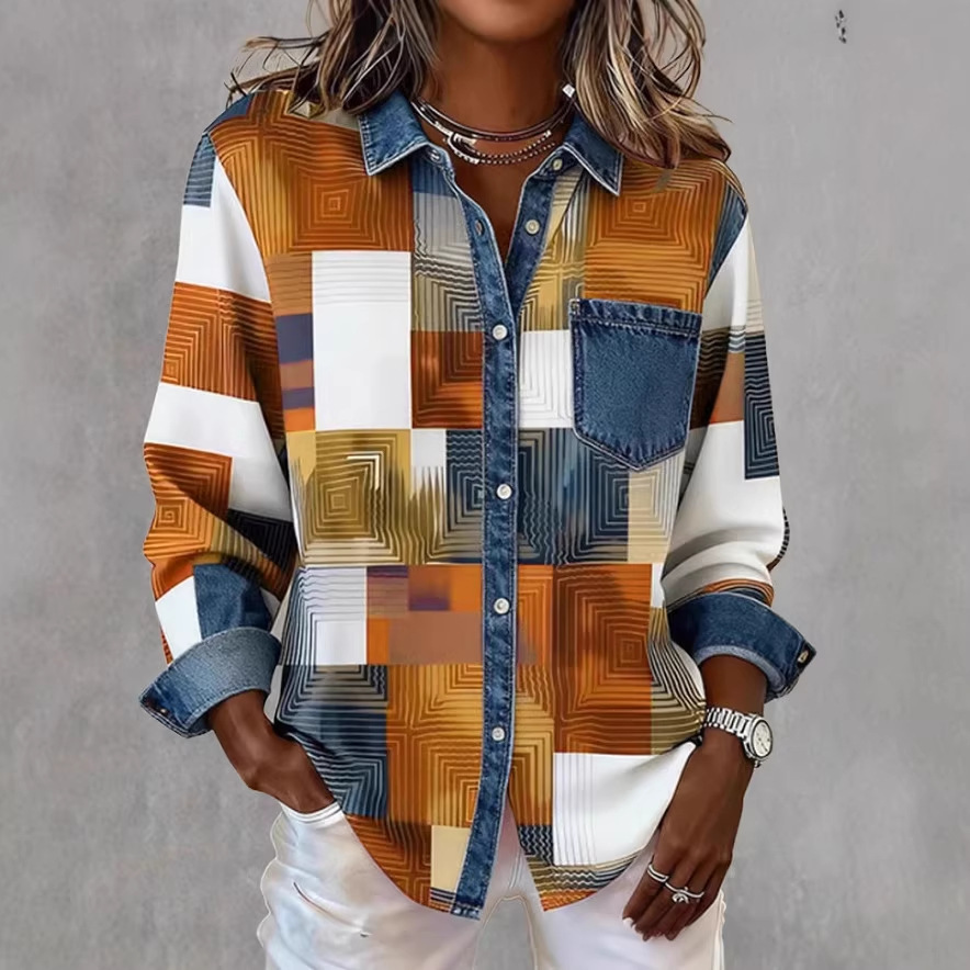 Women's Black and White Plaid Print Long Sleeve Shirt