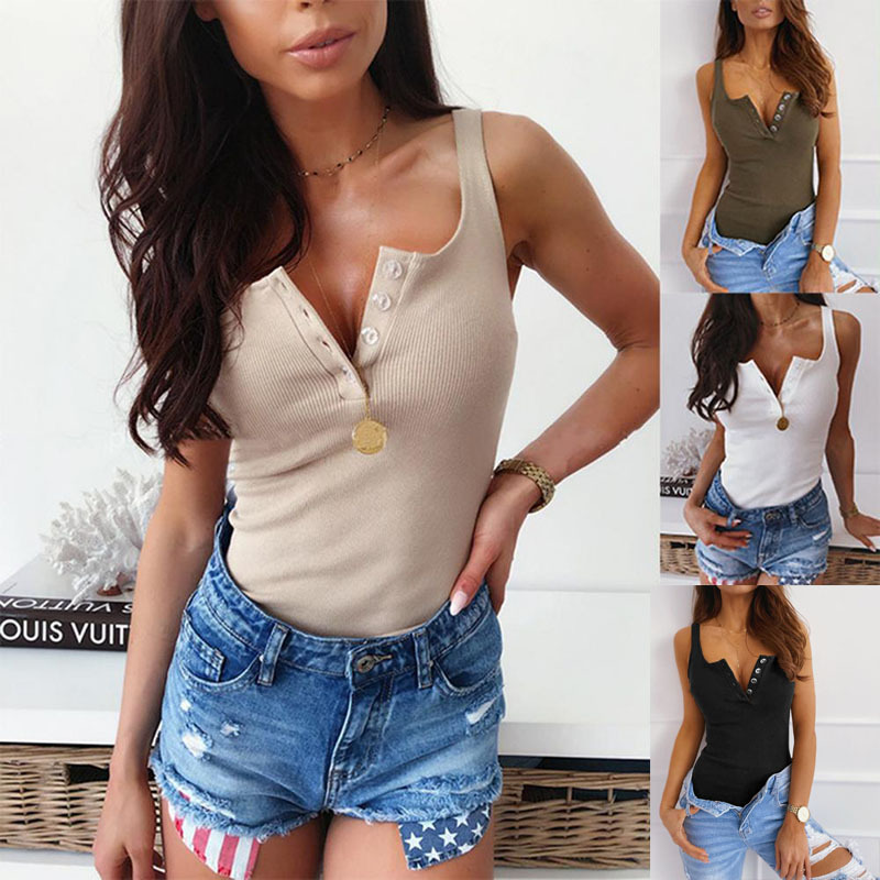Women's Solid V-Neck Button Sleeveless Ribbed Tank Top