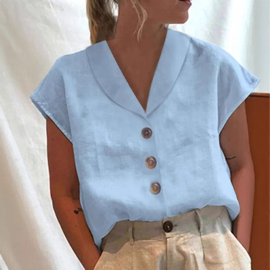 Women's Short Sleeve Solid Color Slim Fit Stand Collar Shirt