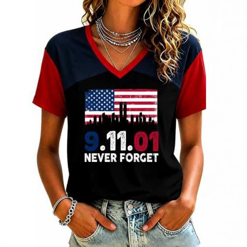 Twin Towers Anniversary Print V-Neck Short Sleeve Women's T-Shirt