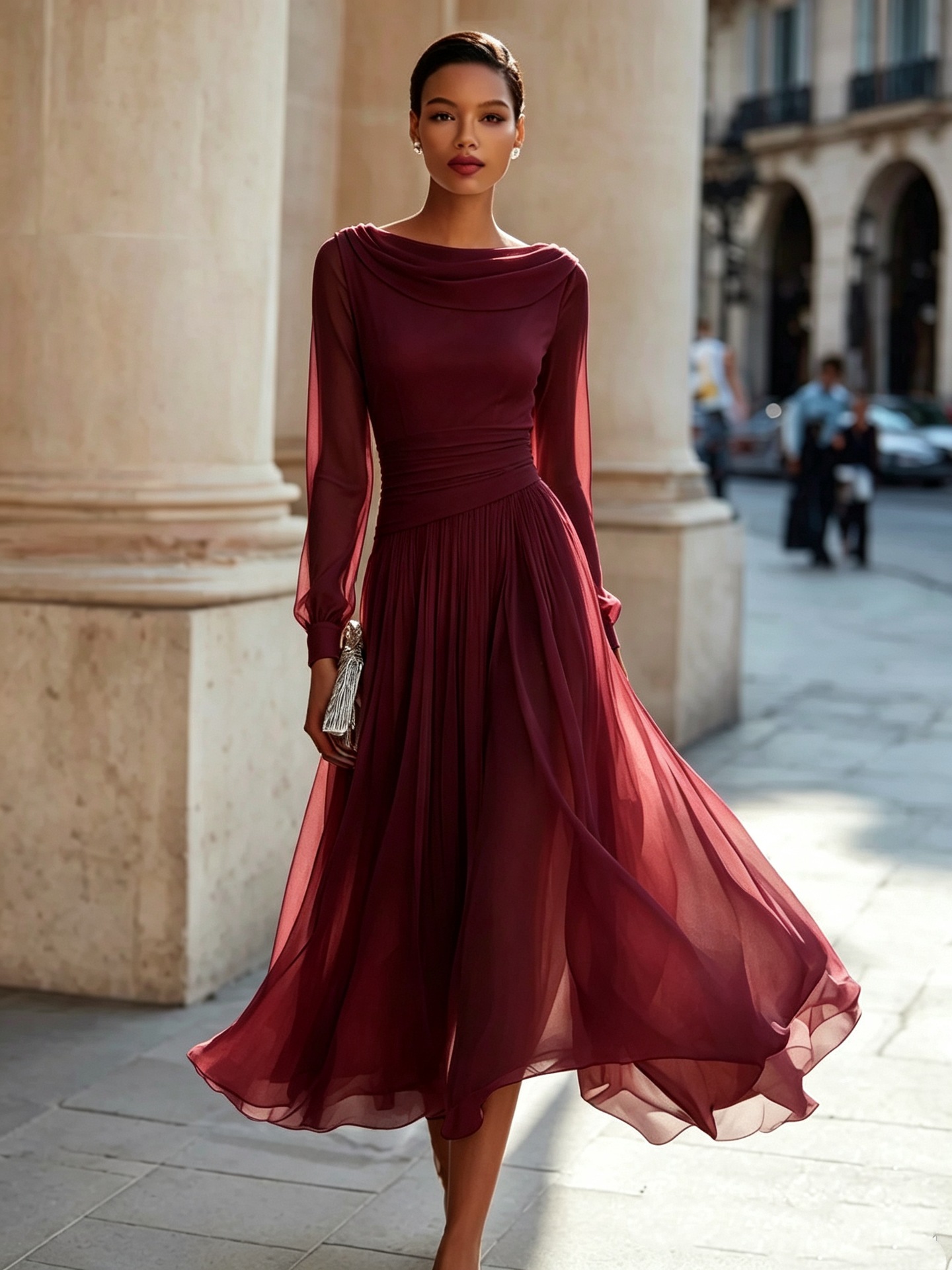 Elegant Cowl Neck Long Sleeve Midi Dress