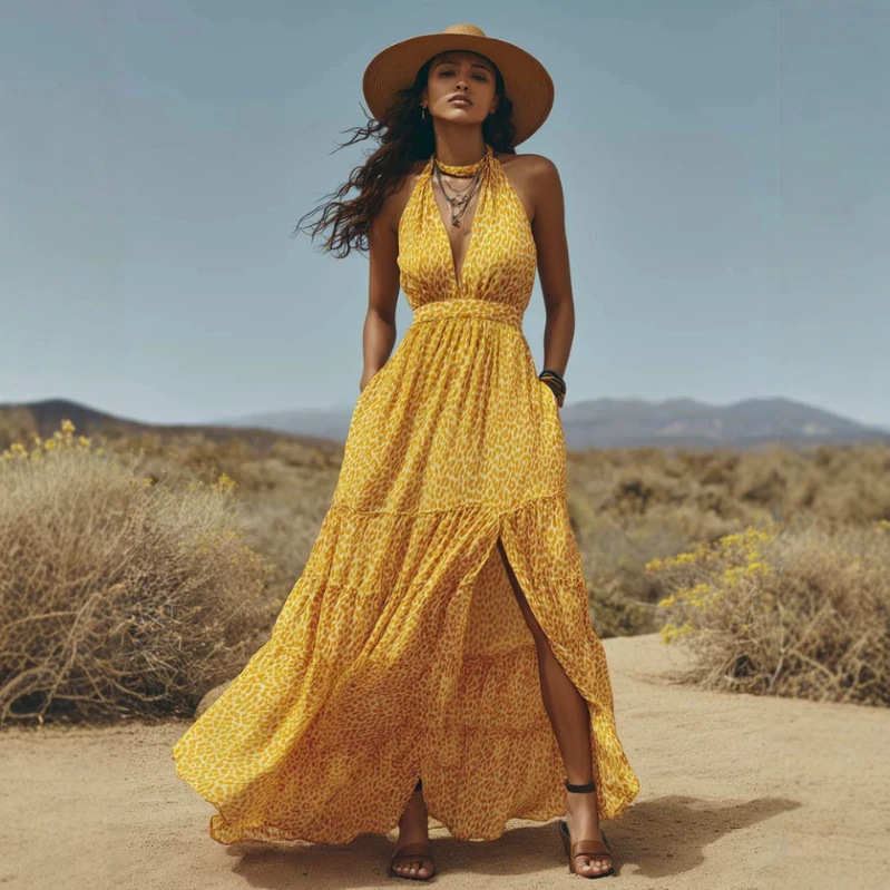 V-Neck Leopard Print Yellow Chiffon Off-Shoulder Slit Maxi Dress