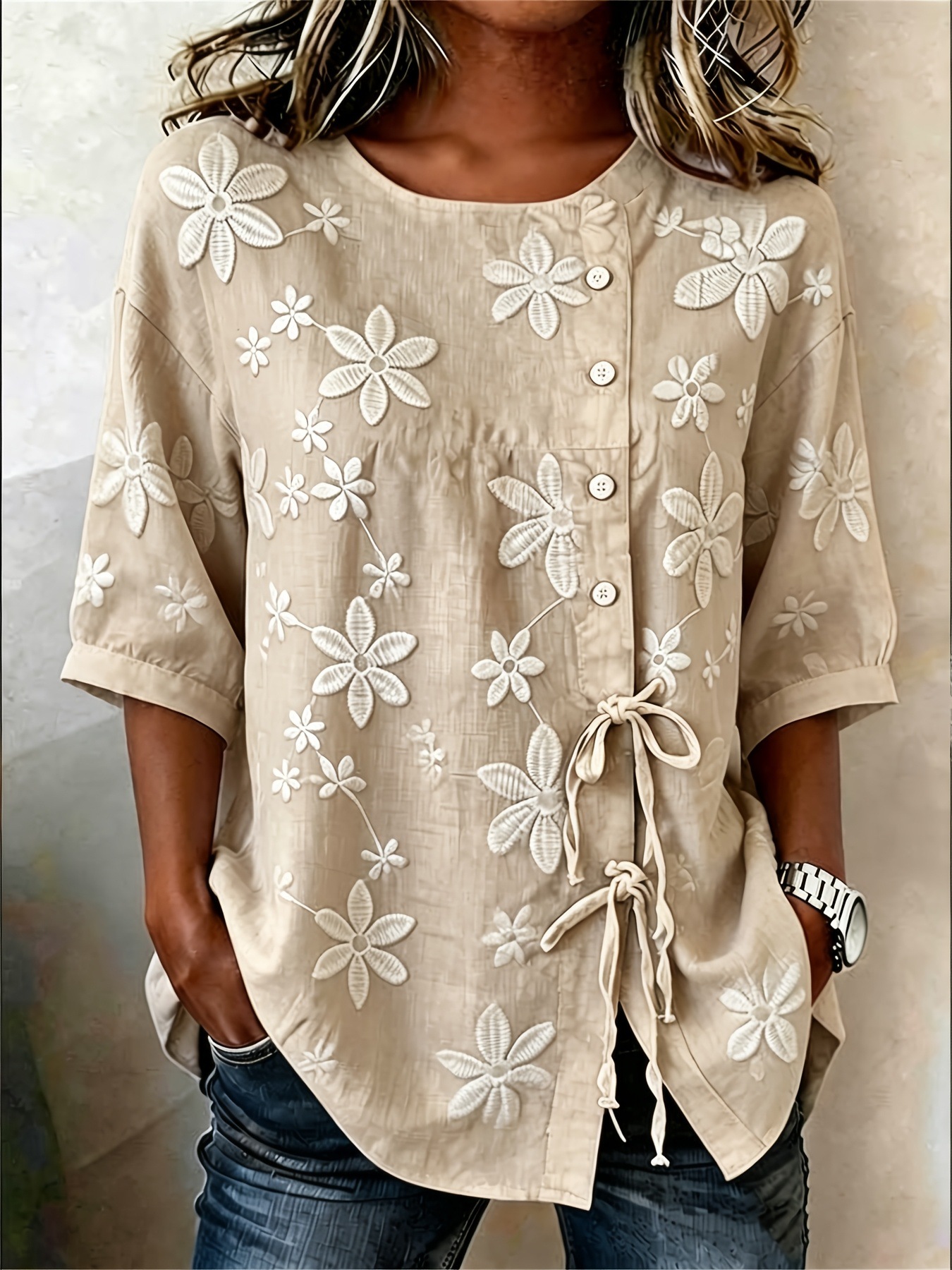 Women's Drawstring Tie Asymmetric Button Floral Print Half-Sleeve Blouse