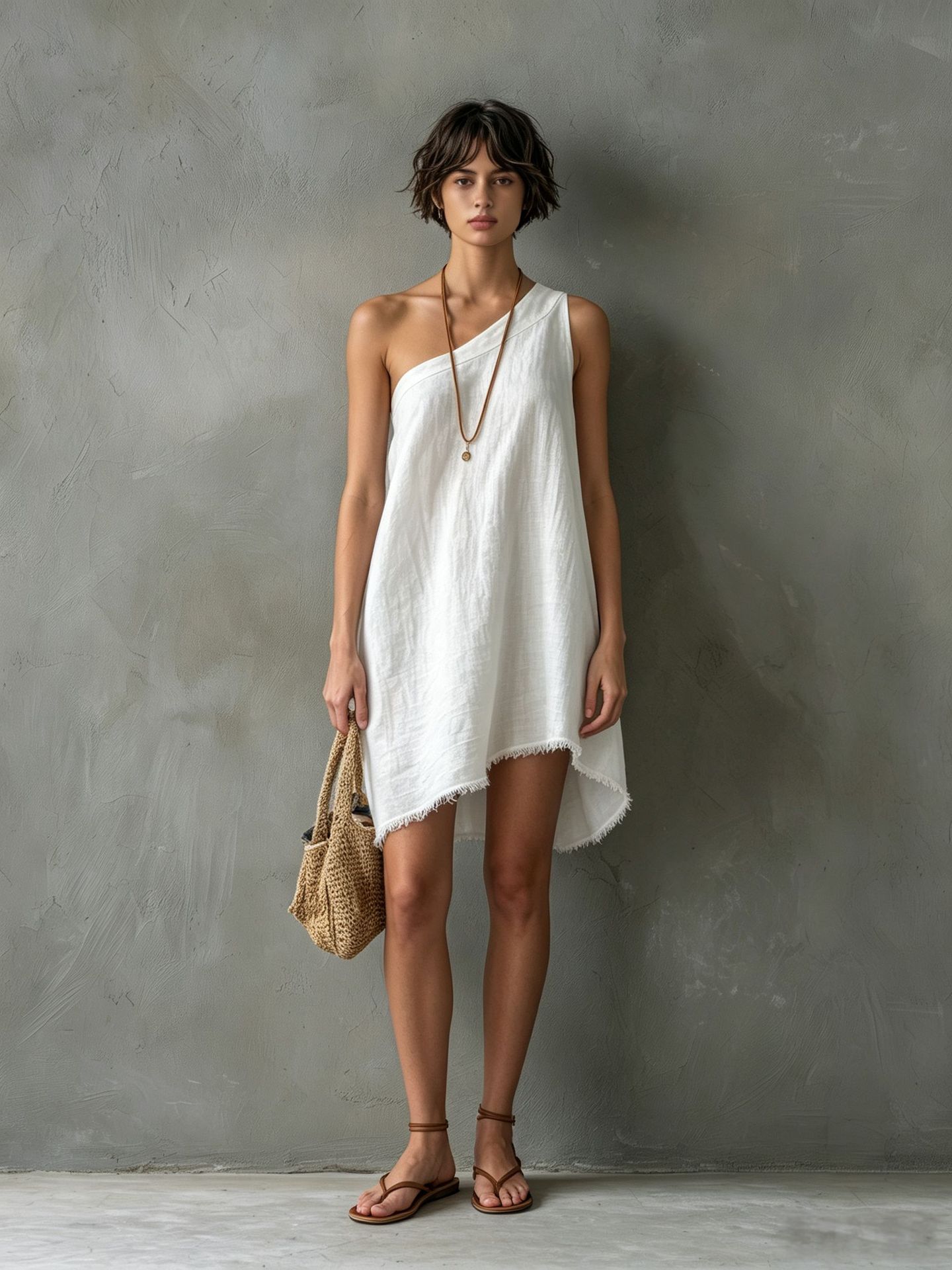 Minimalist Linen-Blend One-Shoulder Sleeveless Frayed Mini Dress