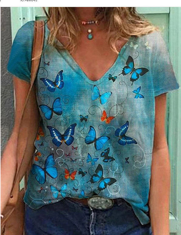 Butterfly Print Short Sleeve V-Neck T-Shirt