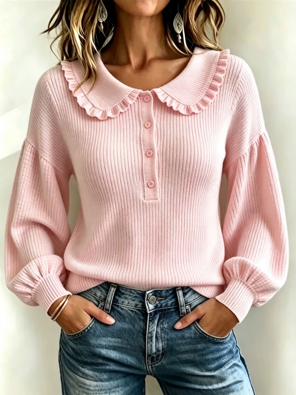 Women's Ribbed Knit Ruffle Button Crewneck Long Sleeve Pullover Sweater