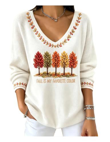 Women's V-Neck Long Sleeve T-Shirt with Tree Maple Leaf Print