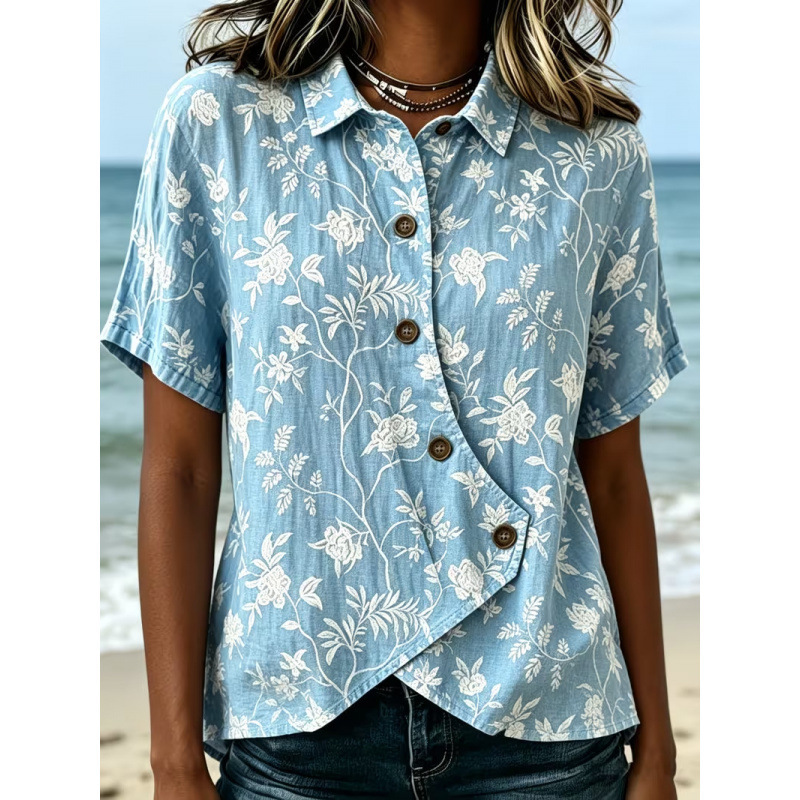 3D Digital Floral Print Women's Loose Irregular Hem Casual Top
