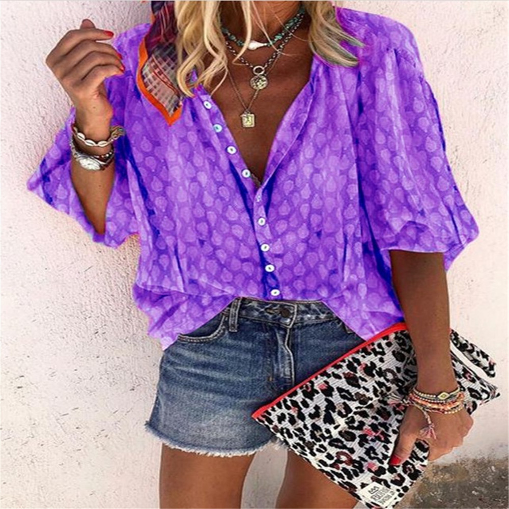 Women's Printed Long Sleeve Button-Up Collared Blouse Loose Fit