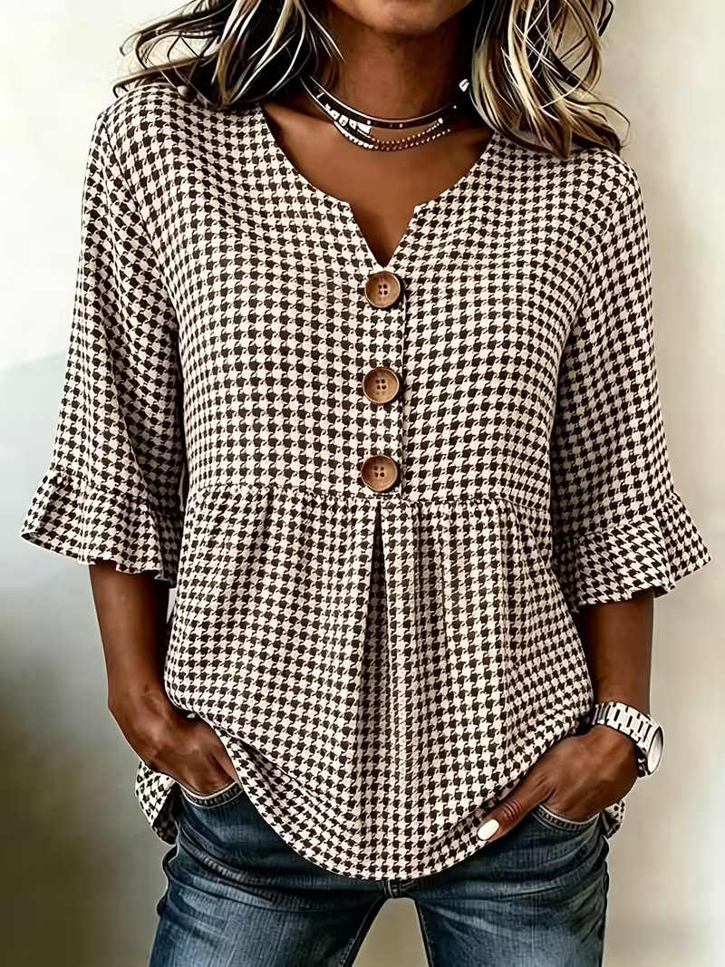 Women's Summer Plaid Print Rolled Sleeve Button Top
