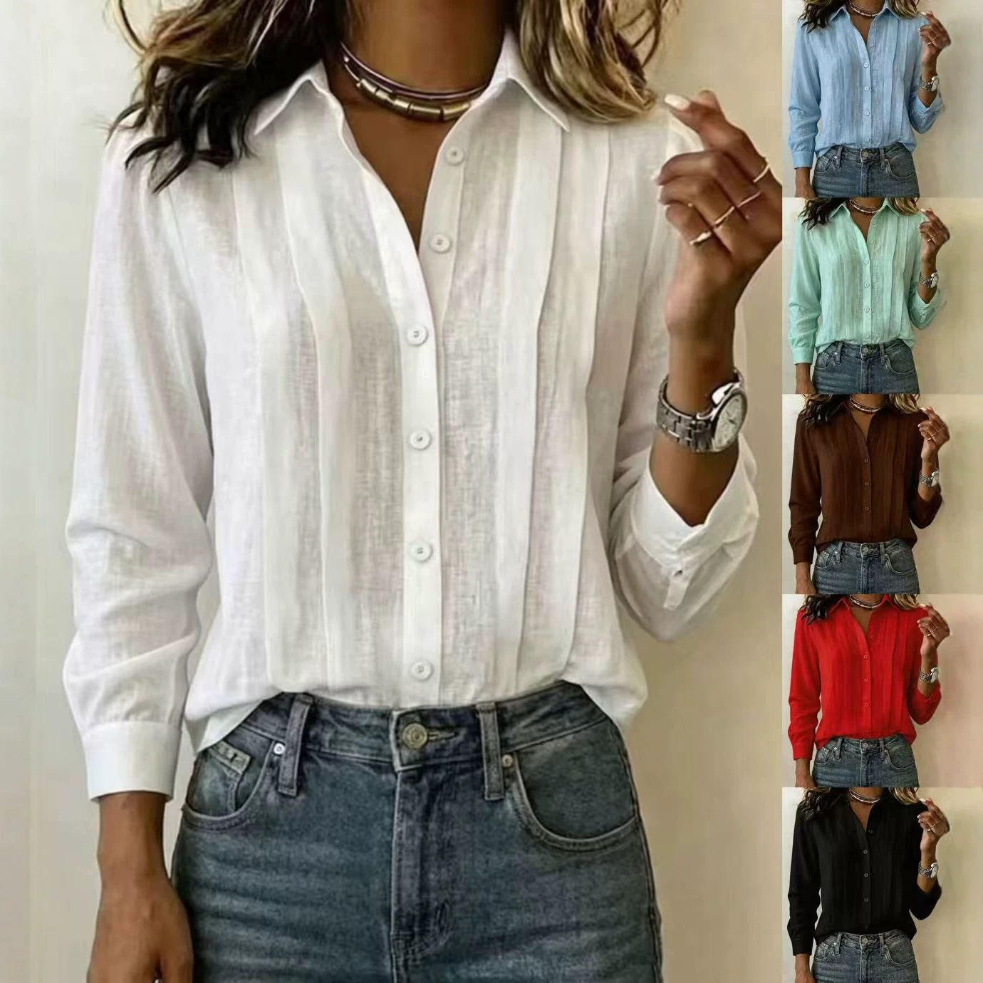 Women's Casual Loose Pleated Solid Color Patchwork Long Sleeve Shirt