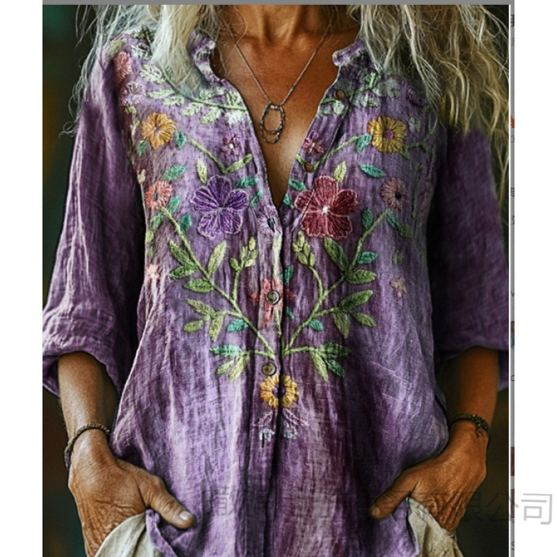 Women's Summer Daisy Print Button-Front Shirt