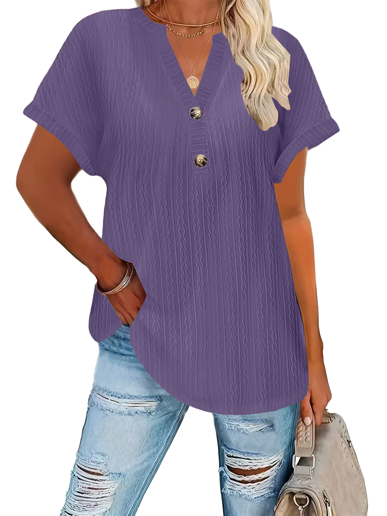 Women's Casual Solid Button V-Neck Short Sleeve T-Shirt