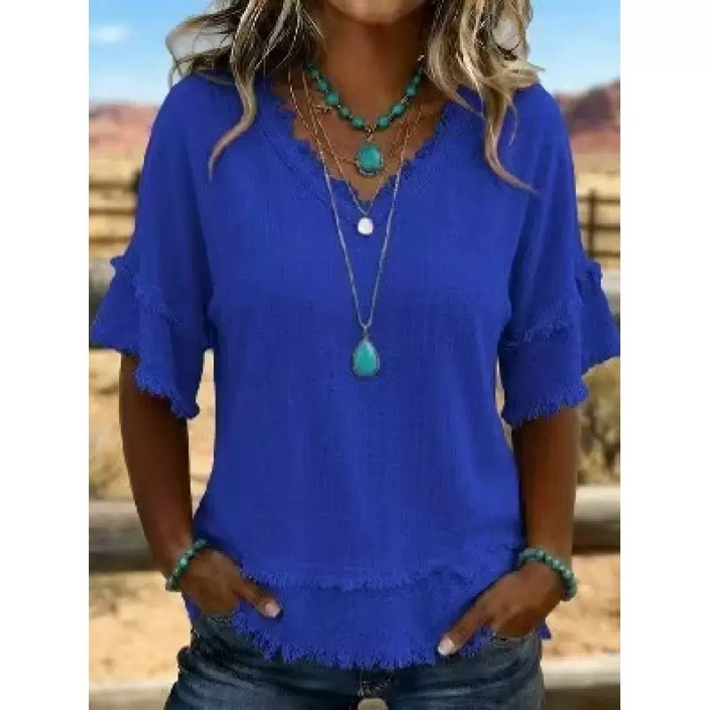 Women's Loose V-Neck Fringe Short-Sleeve Solid Casual Top