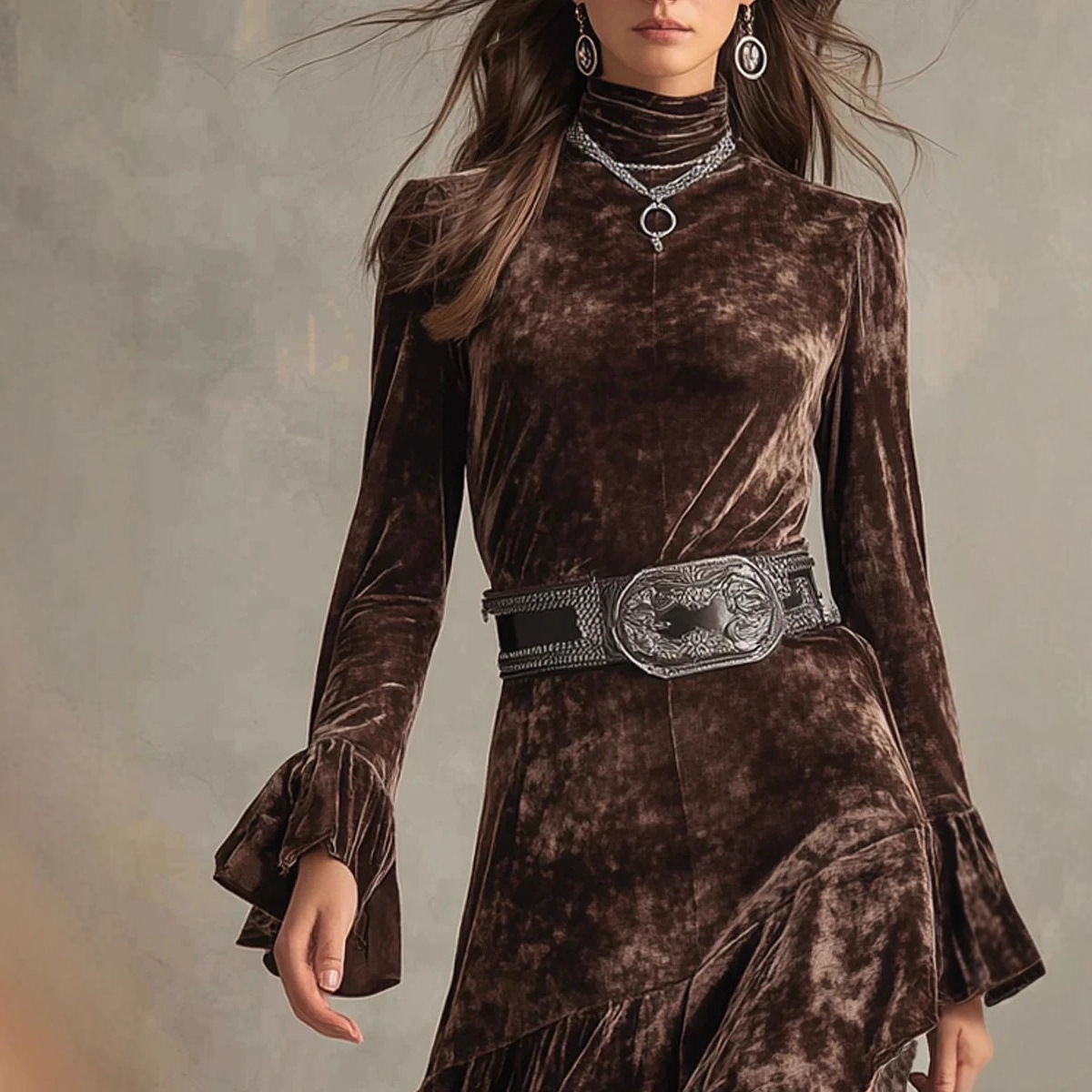 Velvet Lace Paneled Waist-Cinching Long Dress