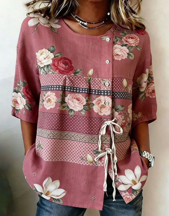 3D Print Women's Cotton-Linen Shirt Side Button Tie Waist