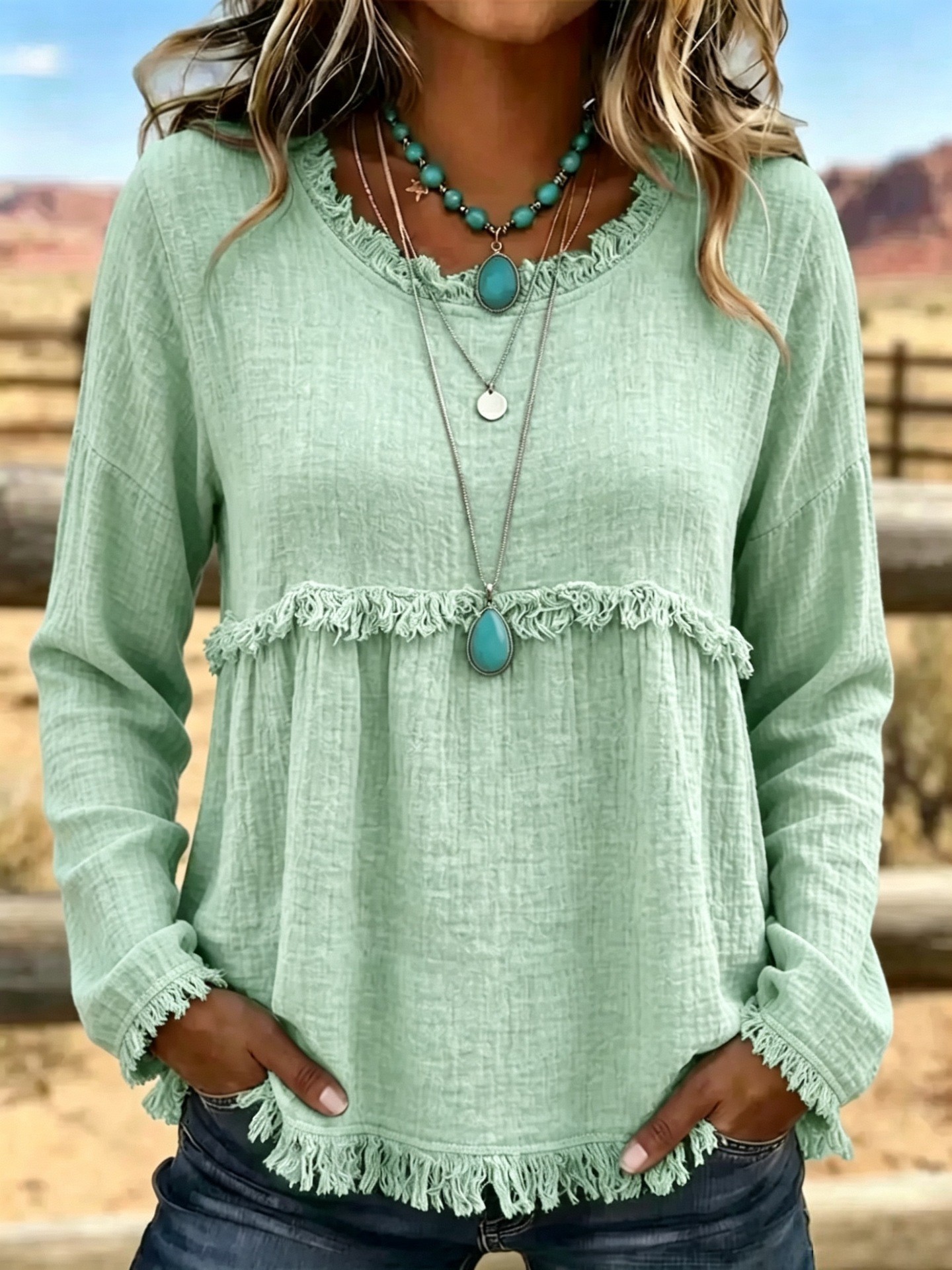 Textured Fringe Tassel Retro Crewneck Long-Sleeve Shirt