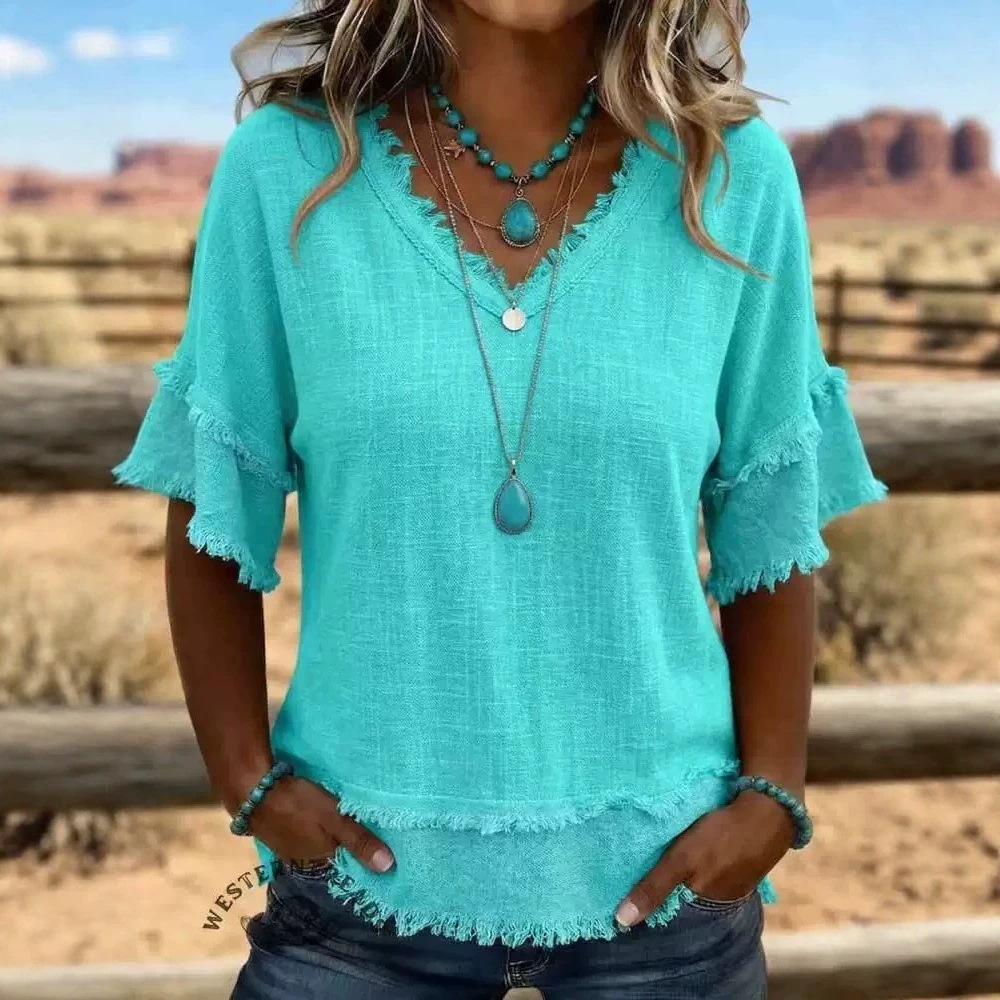 Women's Loose V-Neck Frayed Short Sleeve Solid Casual Top