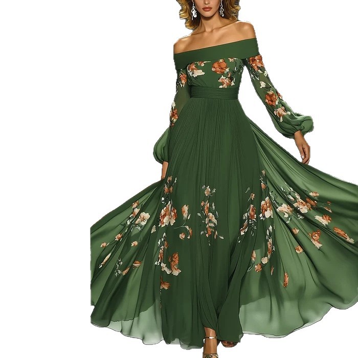 Women's Long Sleeve Off-Shoulder Floral Print Maxi Dress