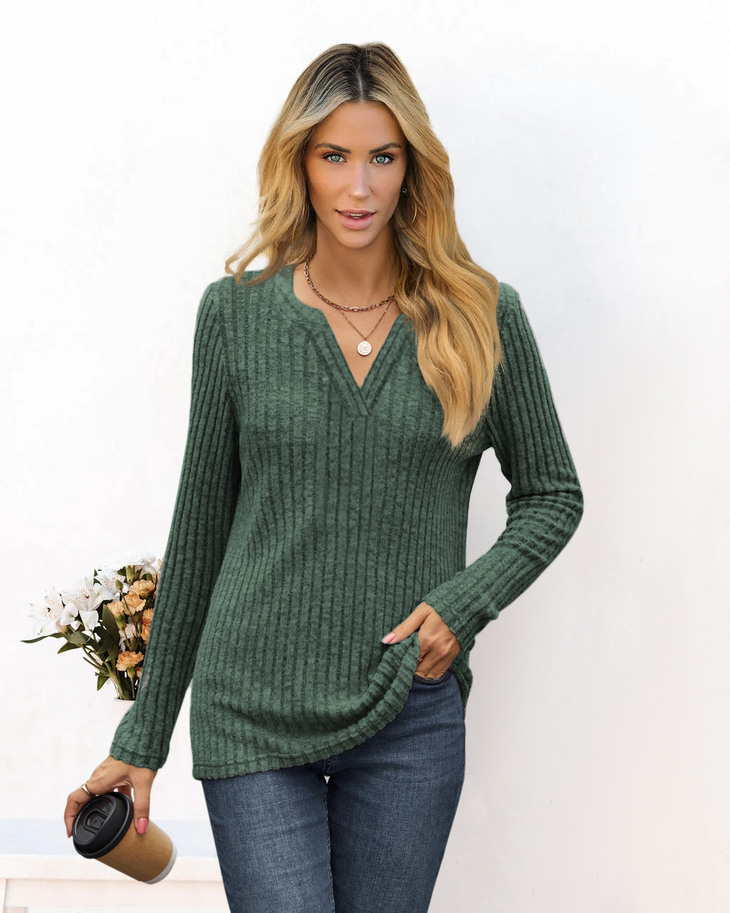 Women's Solid V-Neck Loose Long-Sleeve T-Shirt