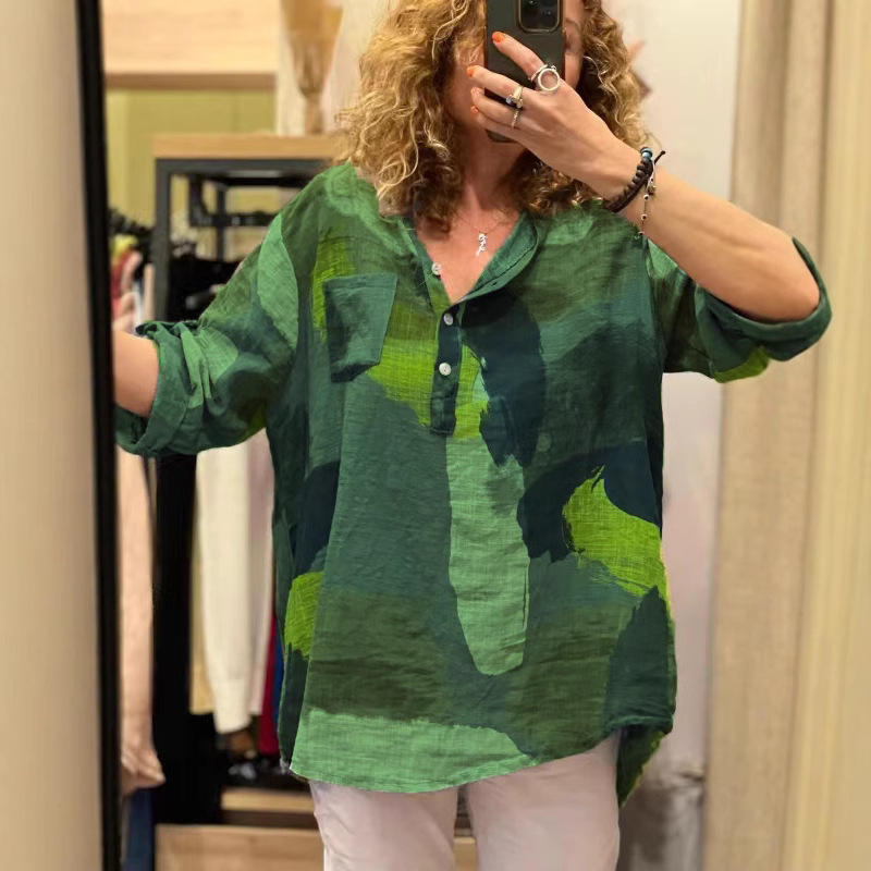 Women's Loose Printed V-Neck Button-Down Shirt with Pockets